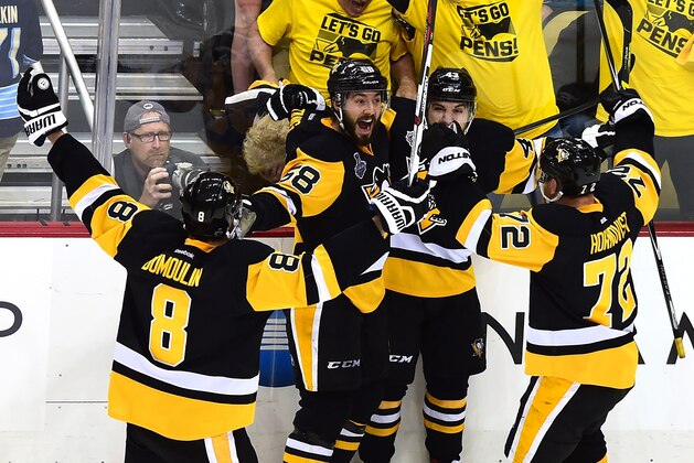 PITTSBURGH, PA - JUNE 01: Conor Sheary #43 of the Pittsburgh Penguins celebrates with teammates after scoring the game-winning goal to defeat the San Jose Sharks 2-1 during overtime in Game Two of the 2016 NHL Stanley Cup Final at Consol Energy Center on June 1, 2016 in Pittsburgh, Pennsylvania. (Photo by Matt Kincaid/Getty Images) PITTSBURGH, PA - JUNE 01: Conor Sheary #43 of the Pittsburgh Penguins celebrates with teammates after scoring the game-winning goal to defeat the San Jose Sharks 2-1 during overtime in Game Two of the 2016 NHL Stanley Cup Final at Consol Energy Center on June 1, 2016 in Pittsburgh, Pennsylvania. (Photo by Matt Kincaid/Getty Images)