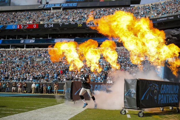 Carolina Panthers outside linebacker Shaq Green-Thompson (54) runs onto the field as he is introduced before playing the Atlanta Falcons in an NFL football game at Bank of America Stadium in Charlotte, N.C. on Sunday, Dec. 13, 2015. (Chris Keane/AP Images for Panini)