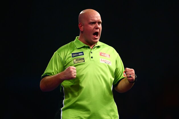 LONDON, ENGLAND - DECEMBER 29:  Michael van Gerwen of Holland celebrates a point in his third round match against Raymond van Barneveld of Holland on Day Eleven of the 2016 William Hill PDC World Darts Championships at Alexandra Palace on December 29, 2015 in London, England.  (Photo by Jordan Mansfield/Getty Images)
