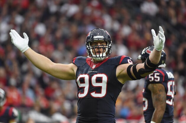 Houston Texans defensive end J.J. Watt (99) celebrates a play against the Kansas City Chiefs during the first half of an NFL wild-card football game Saturday, Jan. 9, 2016, in Houston. (AP Photo/Eric Christian Smith)