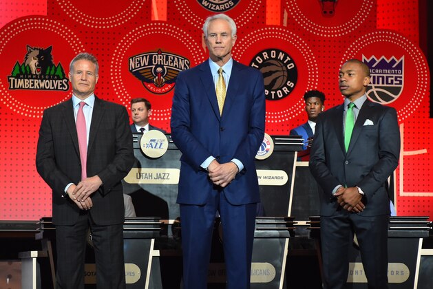 NEW YORK, NEW YORK - MAY 17:  Brett Brown of the Philadelphia 76ers, Mitch Kupchak of the Los Angeles Lakers and Isaiah Thomas #4 of the Boston Celtics pose for a photo on stage during the 2016 NBA Draft Lottery at the New York Hilton in New York, New York. NOTE TO USER: User expressly acknowledges and agrees that, by downloading and or using this Photograph, user is consenting to the terms and conditions of the Getty Images License Agreement.  Mandatory Copyright Notice: Copyright 2016 NBAE (Photo by Jesse D. Garrabrant/NBAE via Getty Images)