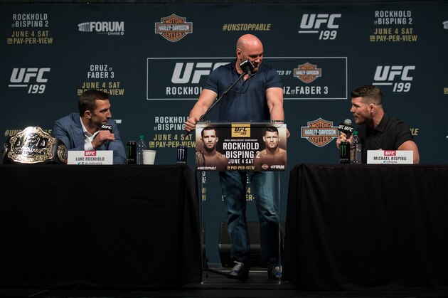 INGLEWOOD, CA - JUNE 02:   (L-R) Middleweight champion Luke Rockhold and Michael Bisping speak to the media during the UFC 199: Press Conference at the Forum on June 2, 2016 in Inglewood, California. (Photo by Brandon Magnus/Zuffa LLC/Zuffa LLC via Getty Images)