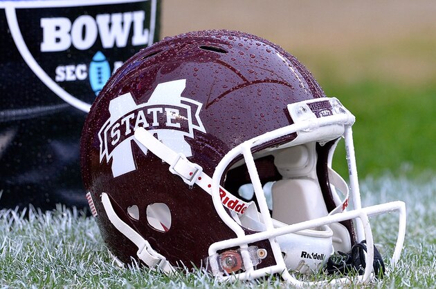 CHARLOTTE, NC - DECEMBER 30:  Detail photo of a Mississippi State Bulldogs helmet during their game against the North Carolina State Wolfpack during the Belk Bowl at Bank of America Stadium on December 30, 2015 in Charlotte, North Carolina.  (Photo by Grant Halverson/Getty Images)