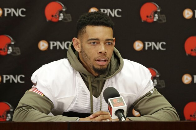 Cleveland Browns defensive back Joe Haden talks about his recovery at the NFL football team's training camp facility, Wednesday, May 18, 2016, in Berea, Ohio. Haden is recovering from an ankle injury. (AP Photo/Tony Dejak)