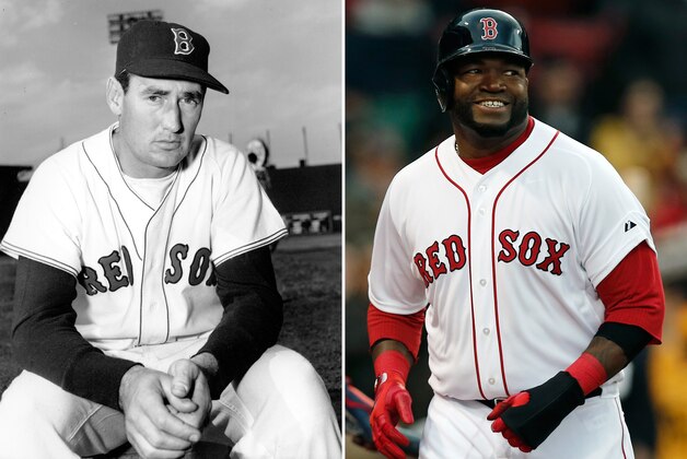 In this combination made from file photos, Ted Williams, outfielder for the Boston Red Sox, poses at Fenway Park in Boston, on April 19, 1952, left, and Boston Red Sox David Ortiz smiles after scoring during the second inning of a baseball game against the Oakland Athletics at Fenway Park in Boston on Monday, April 22, 2013. In an era when clubs frequently change their look and often wear more than a dozen uniform combinations, the four remaining playoff teams are dressed up in duds that date back 70 years or so. (AP File Photos)