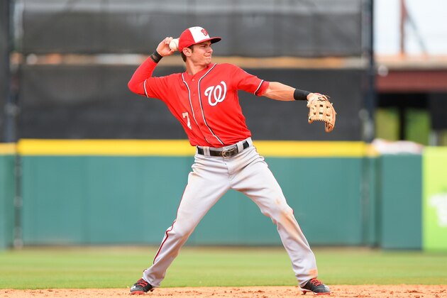 LAKELAND, FL - MARCH 20:  Trea Turner #7 of the Washington Nationals fields during the Spring Training game against the Detroit Tigers at Joker Marchant Stadium on March 20, 2016 in Lakeland, Florida. The Tigers defeated the Nationals 7-6.  (Photo by Mark Cunningham/MLB Photos via Getty Images)