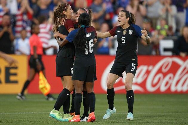 COMMERCE CITY, CO - JUNE 02:  Alex Morgan #13 of United States of America celebrates her goal against Japan with Mallory Pugh #2, Crystal Dunn #16 and Kelley O'Hara #5 as Japan held a 2-1 lead in the first half during an international friendly match at Dick's Sporting Goods Park on June 2, 2016 in Commerce City, Colorado.  (Photo by Doug Pensinger/Getty Images)