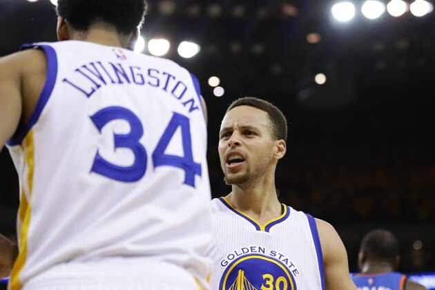OAKLAND, CA - MAY 30:  Shaun Livingston #34 and Stephen Curry #30 of the Golden State Warriors react in the third quarter of Game Seven of the Western Conference Finals against the Oklahoma City Thunder during the 2016 NBA Playoffs at ORACLE Arena on May 30, 2016 in Oakland, California. NOTE TO USER: User expressly acknowledges and agrees that, by downloading and or using this photograph, User is consenting to the terms and conditions of the Getty Images License Agreement.  (Photo by Ezra Shaw/Getty Images)
