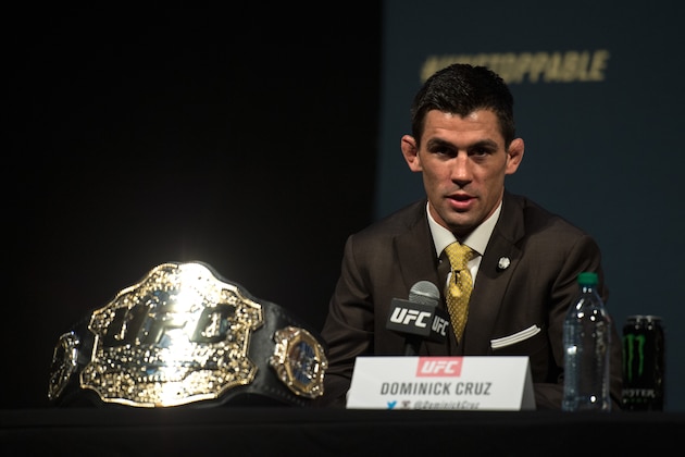 INGLEWOOD, CA - JUNE 02:   Bantamweight champion Dominick Cruz speaks to the media during the UFC 199: Press Conference at the Forum on June 2, 2016 in Inglewood, California. (Photo by Brandon Magnus/Zuffa LLC/Zuffa LLC via Getty Images)
