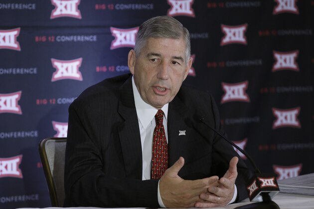 Commissioner of the Big 12 Bob Bowlsby speaks to reporters after the first day of the Big 12 sports conference meeting in Irving, Texas, Wednesday, June 1, 2016. (AP Photo/LM Otero)