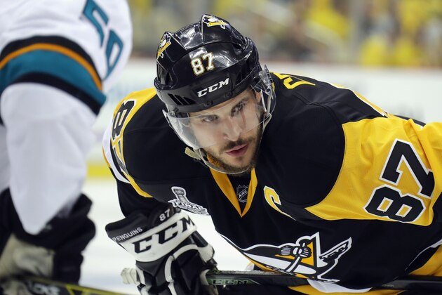 PITTSBURGH, PA - JUNE 01:  Sidney Crosby #87 of the Pittsburgh Penguins looks on during the first period against the San Jose Sharks in Game Two of the 2016 NHL Stanley Cup Final at Consol Energy Center on June 1, 2016 in Pittsburgh, Pennsylvania.  (Photo by Bruce Bennett/Getty Images)