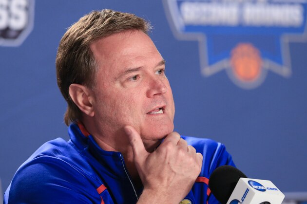 Kansas coach Bill Self speaks during a news conference ahead of a second-round men's college basketball game in the NCAA Tournament in Des Moines, Iowa, Friday, March 18, 2016. Kansas plays Connecticut on Saturday. (AP Photo/Nati Harnik)