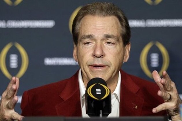 Alabama head coach Nick Saban speaks during a news conference for the NCAA college football playoff championship Tuesday, Jan. 12, 2016, in Scottsdale, Ariz. Alabama beat Clemson 45-40 to win the championship. (AP Photo/David J. Phillip)
