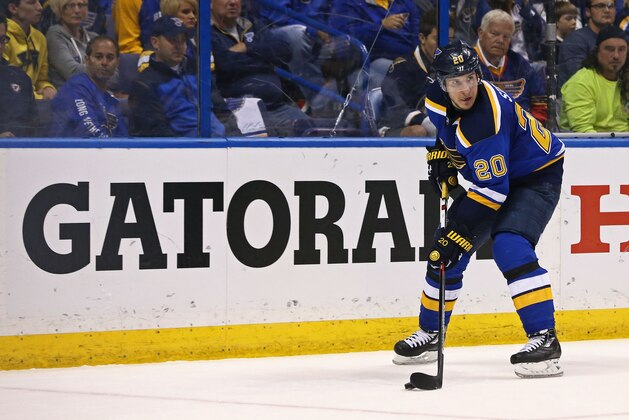 May 17, 2016; St. Louis, MO, USA; St. Louis Blues left wing Alexander Steen (20) against the San Jose Sharks in game two of the Western Conference Final of the 2016 Stanley Cup Playoff at Scottrade Center. The Sharks won 4-0. Mandatory Credit: Aaron Doster-USA TODAY Sports