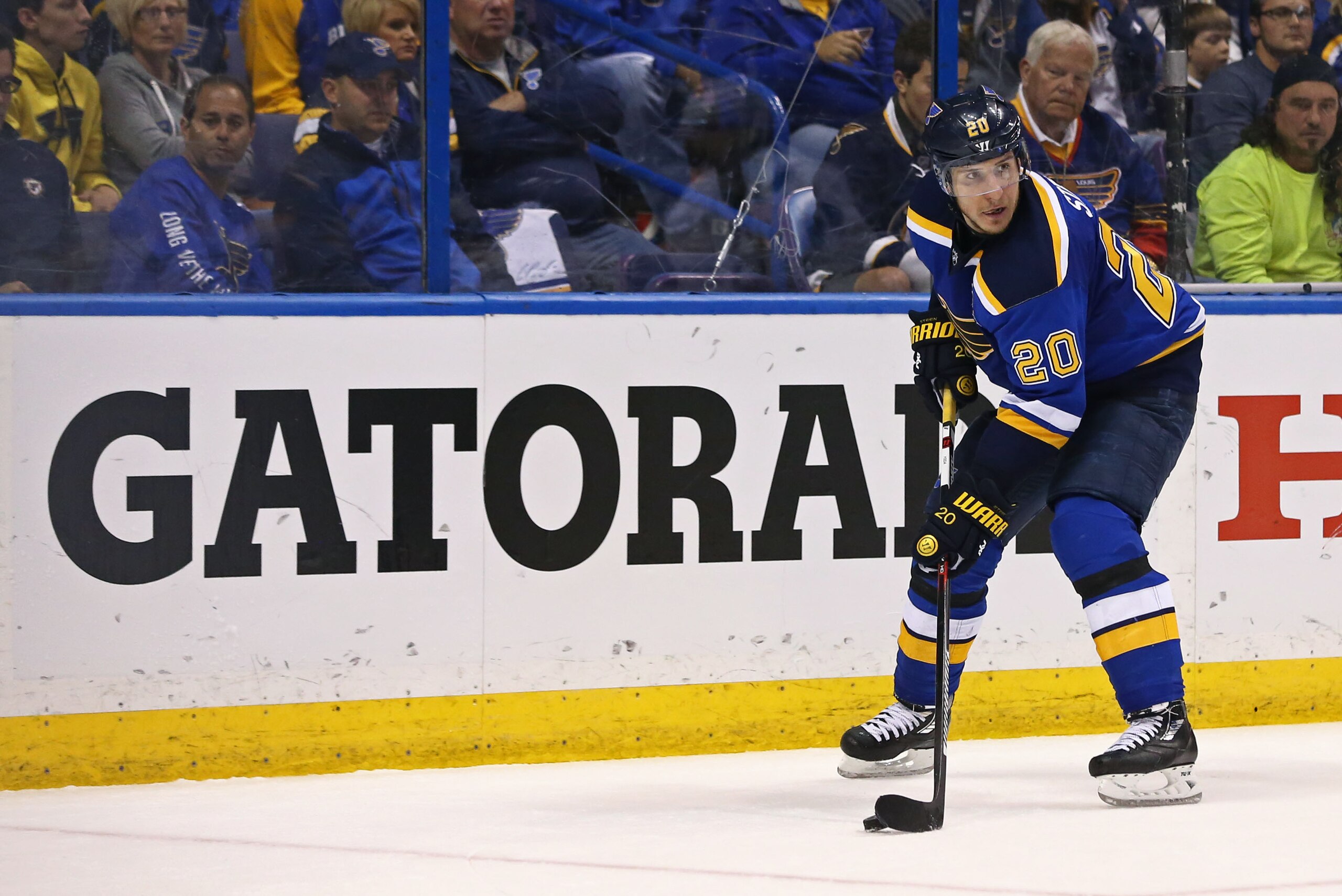 May 17, 2016; St. Louis, MO, USA; St. Louis Blues left wing Alexander Steen (20) against the San Jose Sharks in game two of the Western Conference Final of the 2016 Stanley Cup Playoff at Scottrade Center. The Sharks won 4-0. Mandatory Credit: Aaron Doster-USA TODAY Sports