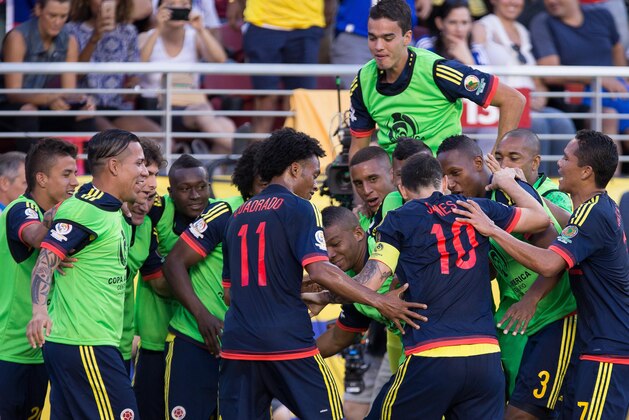 Jun 3, 2016; Santa Clara, CA, USA; Colombia midfielder James Rodriguez (10) celebrates with teammates after scoring a goal against the United States in the first half during the group play stage of the 2016 Copa America Centenario at Levi's Stadium. Mandatory Credit: Kelley L Cox-USA TODAY Sports