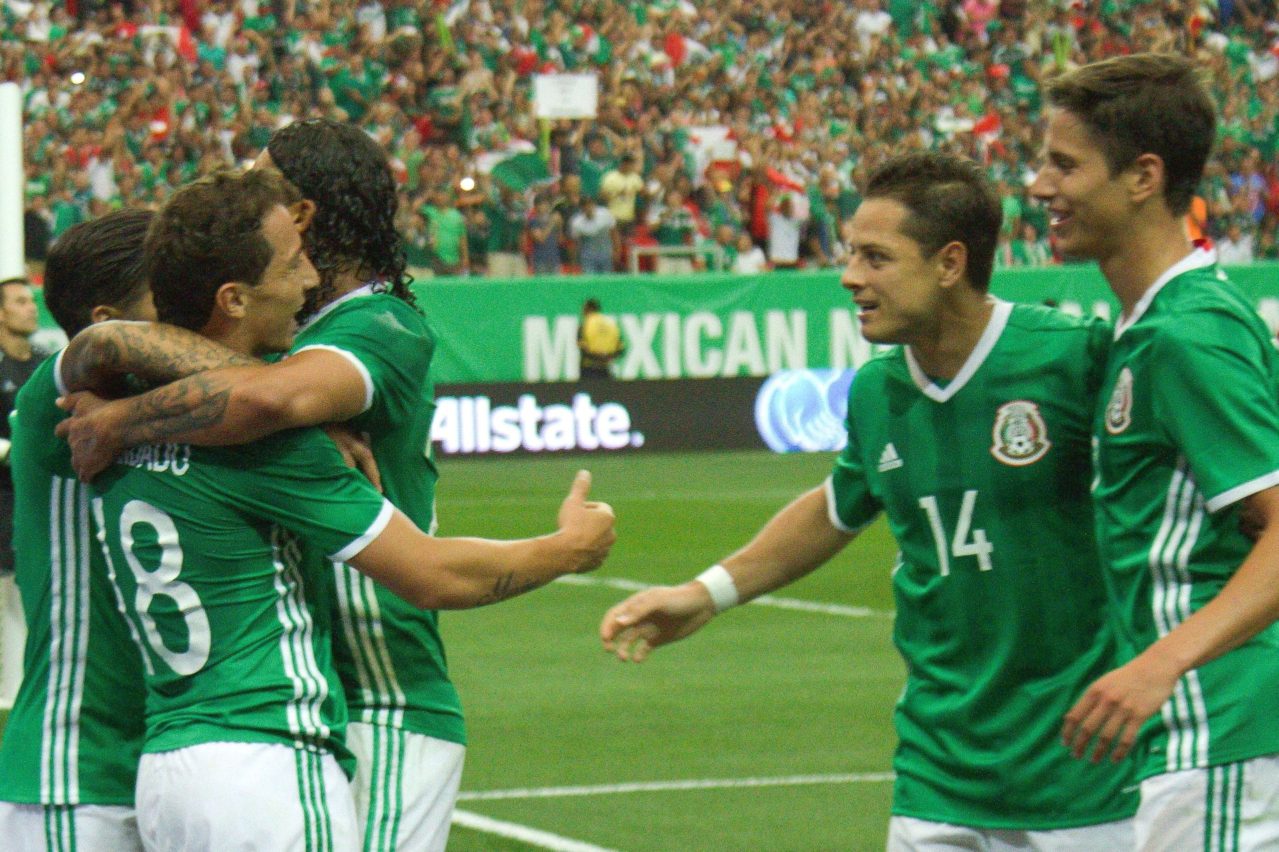 Andres Guardado of Mexico celebrates his goal with his team during the friendly match between the Mexican national team and Paraguay national team at the Georgia Dome in Atlanta, Georgia on May 28, 2016. / AFP / VICTOR STRAFFON        (Photo credit should read VICTOR STRAFFON/AFP/Getty Images)