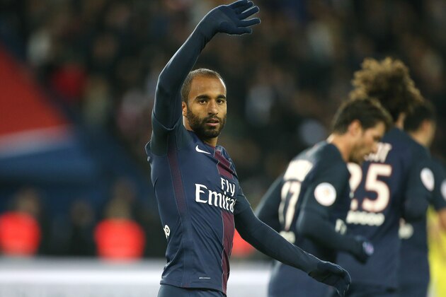 PARIS, FRANCE - MAY 14: Lucas Moura of PSG cerebrates his goal during the French Ligue 1 match between Paris Saint-Germain (PSG) and FC Nantes at Parc des Princes stadium on May 14, 2016 in Paris, France. (Photo by Jean Catuffe/Getty Images)