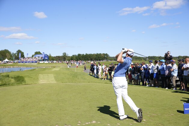 England's Matthew Fitzpatrick tee's off on the eleven hole during the third round of the Nordea Masters tournament at the Bro Hof golf club in Stockholm, Sweden, Saturday June 4, 2016. (Fredrik Persson /TT  via AP) SWEDEN OUT