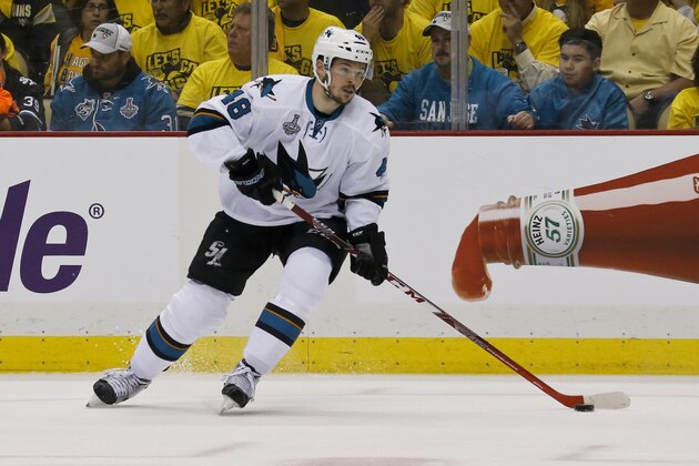 San Jose Sharks' Tomas Hertl (48) plays against the Pittsburgh Penguins in Game 1 of the Stanley Cup final series Monday, May 30, 2016, in Pittsburgh. (AP Photo/Keith Srakocic)