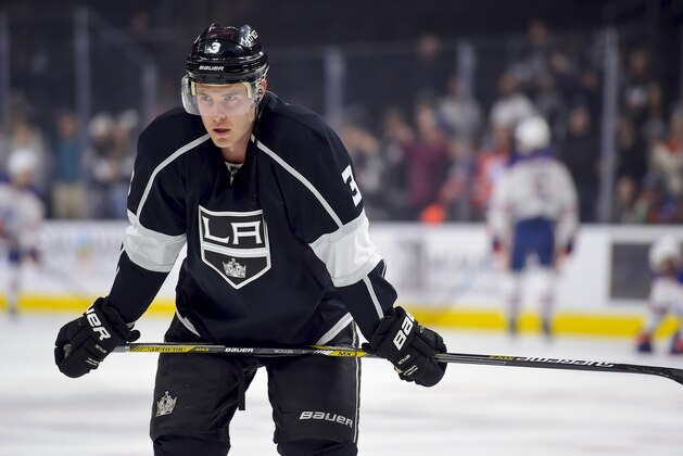Los Angeles Kings defenseman Brayden McNabb warms up before the start of an NHL hockey game against the Edmonton Oilers, Thursday, Feb. 25, 2016, in Los Angeles. (AP Photo/Gus Ruelas)