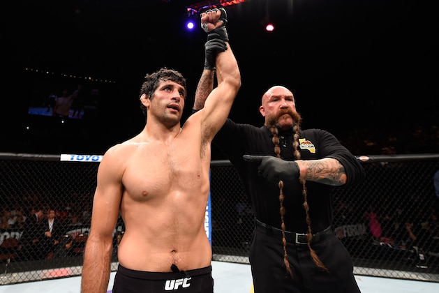 INGLEWOOD, CA - JUNE 04:  Beneil Dariush of Iran celebrates after his first round knock out of James Vick in their lightweight bout during the UFC 199 event at The Forum on June 4, 2016 in Inglewood, California.  (Photo by Josh Hedges/Zuffa LLC/Zuffa LLC via Getty Images)