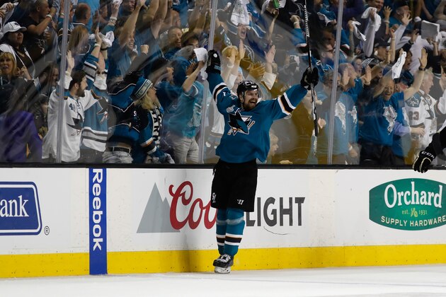 SAN JOSE, CA - JUNE 04:  Joonas Donskoi #27 of the San Jose Sharks celebrates his game winning goal against the Pittsburgh Penguins during overtime in Game Three of the 2016 NHL Stanley Cup Final at SAP Center on June 4, 2016 in San Jose, California.  (Photo by Christian Petersen/Getty Images)