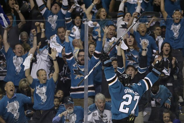 Fans celebrate after San Jose Sharks right wing Joonas Donskoi (27), from Finland, scored the winning goal against the Pittsburgh Penguins during overtime of Game 3 of the NHL hockey Stanley Cup Finals in San Jose, Calif., Saturday, June 4, 2016. The Sharks won 3-2. (AP Photo/Marcio Jose Sanchez)