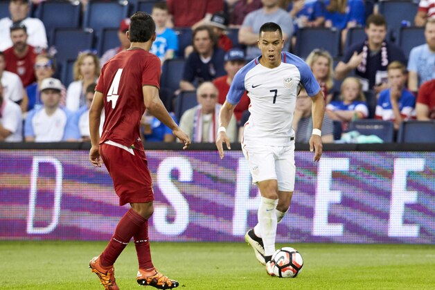 May 28, 2016; Kansas City, KS, USA;  US Men's National Team forward Bobby Wood (7) tries to get past Bolivia National Team defender Diego Bewjarano (4) at Children's Mercy Park. Mandatory Credit: Gary Rohman/MLS/USA TODAY Sports