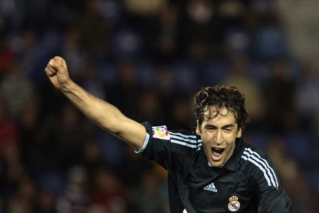 Real Madrid's Raul Gonzalez reacts after scoring against Tenerife during a Spanish La Liga soccer match at the Heliodoro Rodriguez Lopez stadium on the Canary Island of Santa Cruz de Tenerife, Spain, Saturday, Feb. 27, 2010. (AP Photo/Arturo Rodriguez)