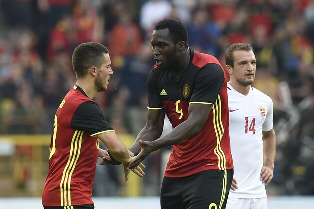 Belgium's midfielder Eden Hazard (L) celebrates after scoring during the friendly football match between Belgium and Norway, at the King Baudouin Stadium, on June 5, 2016 in Brussels.  / AFP / JOHN THYS        (Photo credit should read JOHN THYS/AFP/Getty Images)