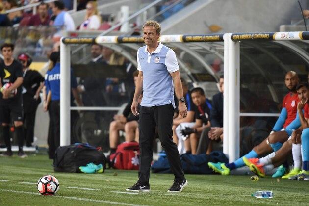 USA's coach Jurgen Klinsmann is pictured during the Copa America Centenario football tournament match against Colombia in Santa Clara, California, United States, on June 3, 2016. / AFP / MARK RALSTON        (Photo credit should read MARK RALSTON/AFP/Getty Images)