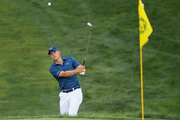 DUBLIN, OH - JUNE 05:  Jordan Spieth hits his third shot on the 18th hole during the final round of The Memorial Tournament at Muirfield Village Golf Club on June 5, 2016 in Dublin, Ohio.  (Photo by Sam Greenwood/Getty Images)