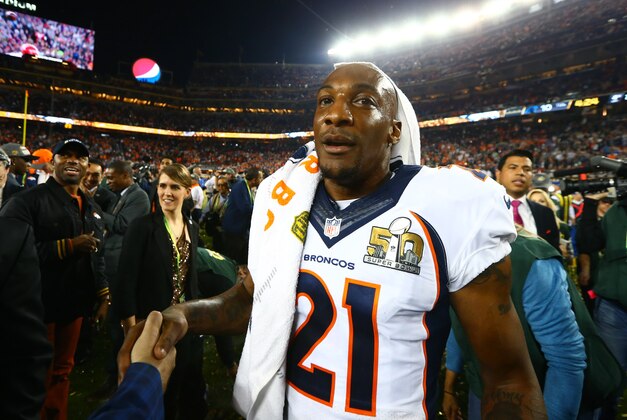Feb 7, 2016; Santa Clara, CA, USA; Denver Broncos cornerback Aqib Talib (21) celebrates after defeating the Carolina Panthers in Super Bowl 50 at Levi's Stadium. Mandatory Credit: Mark J. Rebilas-USA TODAY Sports