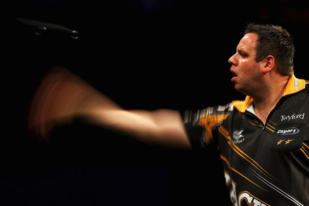 ROTTERDAM, NETHERLANDS - MAY 12:  Adrian Lewis of England plays a shot in his match against Gary Anderson of Scotland during the Darts Betway Premier League Night 15 at Rotterdam Ahoy on May 12, 2016 in Rotterdam, .  (Photo by Dean Mouhtaropoulos/Getty Images)