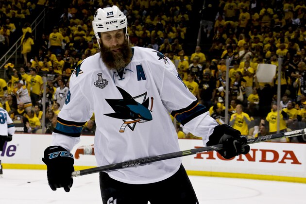 San Jose Sharks' Joe Thornton (19) plays against  the Pittsburgh Penguins during the third period in Game 2 of the NHL hockey Stanley Cup Finals on Wednesday, June 1, 2016, in Pittsburgh. (AP Photo/Keith Srakocic)
