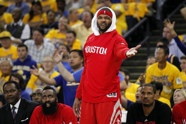 Apr 18, 2016; Oakland, CA, USA; Houston Rockets forward Josh Smith (5) reacts to a foul call against the Golden State Warriors in the second quarter in game two of the first round of the NBA Playoffs at Oracle Arena. Mandatory Credit: Cary Edmondson-USA TODAY Sports