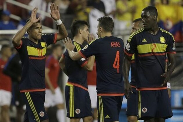 Colombia defender Jeison Murillo (22) celebrates with defender Santiago Arias (4) and defender Cristian Zapata (2) after Colombia beat the United States in the second half during a Copa America Centenario Group A soccer match at Levi's Stadium in Santa Clara, Calif., Friday, June 3, 2016. Colombia won 2-0. (AP Photo/Jeff Chiu)