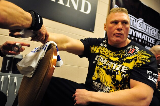 LAS VEGAS, NV - DECEMBER 30: Brock Lesnar has his hands wrapped beore his bout against Alistair Overeem during the UFC 141 event at the MGM Grand Garden Arena on December 30, 2011 in Las Vegas, Nevada. (Photo by Kari Hubert/Zuffa LLC/Zuffa LLC via Getty Images)