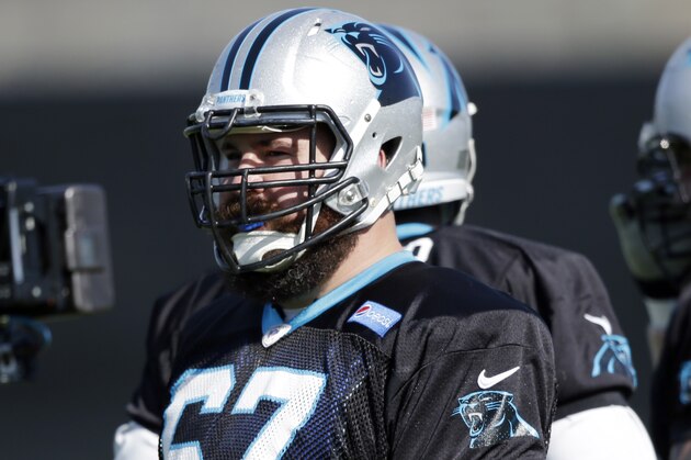 Carolina Panthers center Ryan Kalil (67) waits for a drill during practice in preparation for the Super Bowl 50 football game Friday Feb. 5, 2016 in San Jose, Calif. (AP Photo/Marcio Jose Sanchez)