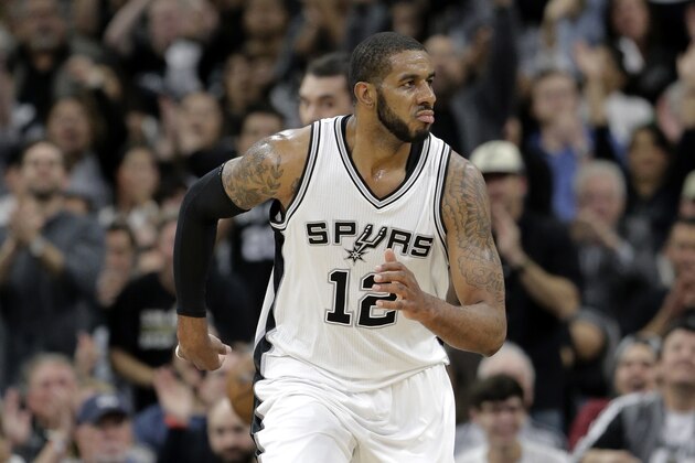 San Antonio Spurs forward LaMarcus Aldridge (12) runs up court during the first half in Game 2 of a second-round NBA basketball playoff series against the Oklahoma City Thunder on Monday, May 2, 2016, in San Antonio. (AP Photo/Eric Gay)