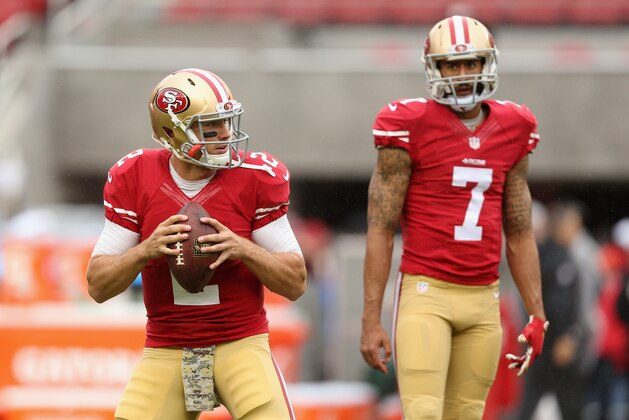 SANTA CLARA, CA - NOVEMBER 08:  Colin Kaepernick #7 watches Blaine Gabbert #2 of the San Francisco 49ers warm up before their game against the Atlanta Falcons at Levi's Stadium on November 8, 2015 in Santa Clara, California.  (Photo by Ezra Shaw/Getty Images)