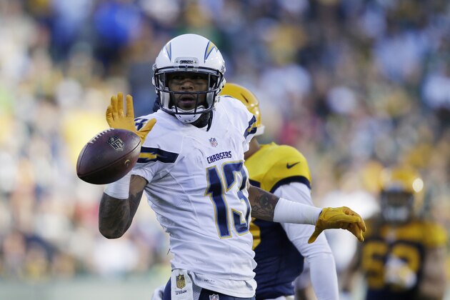 San Diego Chargers' Keenan Allen (13) reacts after making a reception against Green Bay Packers' Sam Shields during the first half of an NFL football game Sunday, Oct. 18, 2015, in Green Bay, Wis. (AP Photo/Jeffrey Phelps)