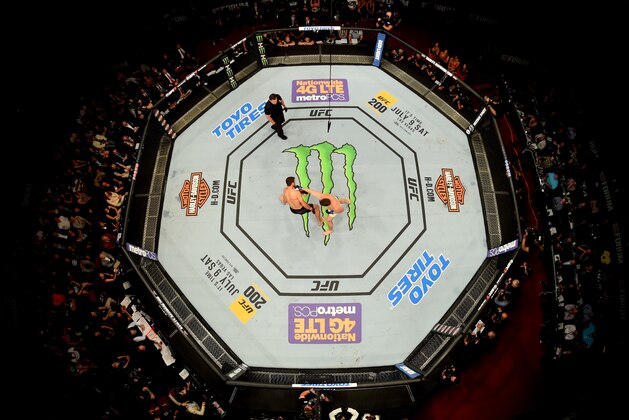 INGLEWOOD, CA - JUNE 04:  Michael Bisping of England punches Luke Rockhold in their UFC middleweight championship bout during the UFC 199 event at The Forum on June 4, 2016 in Inglewood, California.  (Photo by Josh Hedges/Zuffa LLC/Zuffa LLC via Getty Images)