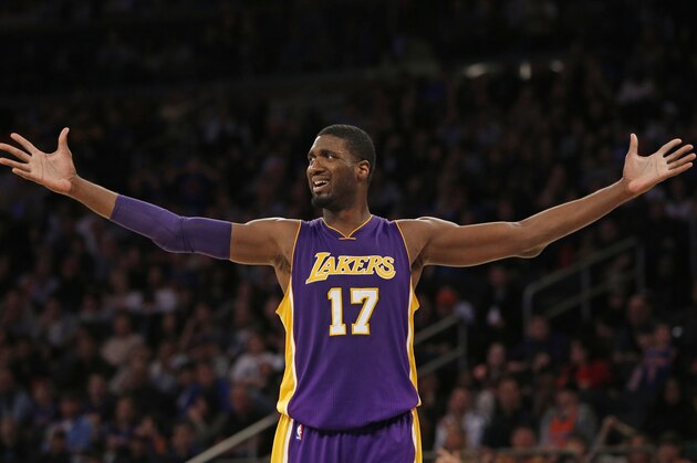 Los Angeles Lakers center Roy Hibbert (17) reacts after he was charged with a foul in the second half of an NBA basketball game against the New York Knicks at Madison Square Garden in New York, Sunday, Nov. 8, 2015. The Knicks defeated the Lakers 99-95. (AP Photo/Kathy Willens)