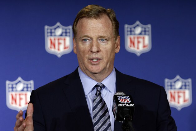 NFL commissioner Roger Goodell answers reporter's questions following a vote that awarded the Super Bowl to Atlanta (2019), Miami (2020) and Los Angeles (2021) at the NFL owner's meeting in Charlotte N.C., Tuesday, May 24, 2016. (AP Photo/Bob Leverone)