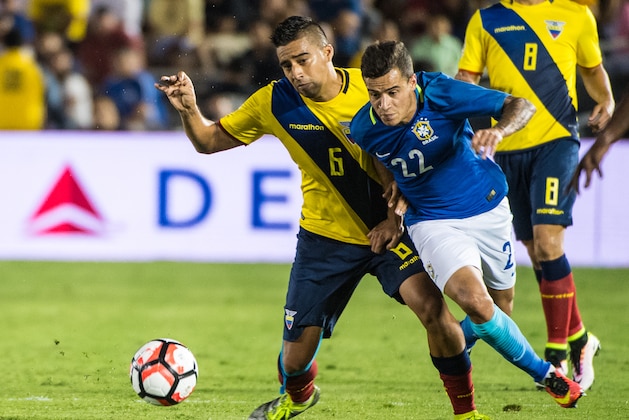PASADENA, CA - JUNE 4: Philippe Coutinho #22 of Brazil battles Luis Antonio Valencia #16 of Ecuador during the Copa America Centenario Group B match between Brazil and Ecuador at the Rose Bowl on June 4, 2016 in Pasadena, California. The final score was 0-0 (Photo by Shaun Clark/Getty Images)