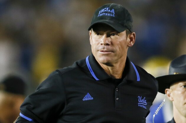 UCLA head coach Jim Mora is seen against BYU during an NCAA college football game, Saturday, Sept. 19, 2015, in Pasadena, Calif. UCLA won 24-23. (AP Photo/Danny Moloshok)