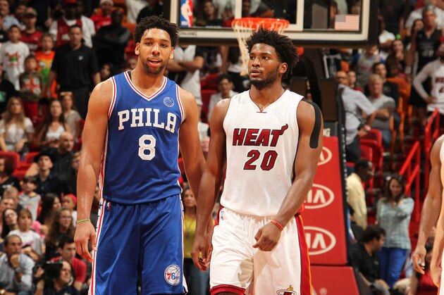 MIAMI, FL - NOVEMBER 21:  Jahlil Okafor #8 of the Philadelphia 76ers and Justise Winslow #20 of the Miami Heat during the game on November 21, 2015 at AmericanAirlines Arena in Miami, Florida. NOTE TO USER: User expressly acknowledges and agrees that, by downloading and or using this Photograph, user is consenting to the terms and conditions of the Getty Images License Agreement. Mandatory Copyright Notice: Copyright 2015 NBAE (Photo by Issac Baldizon/NBAE via Getty Images)