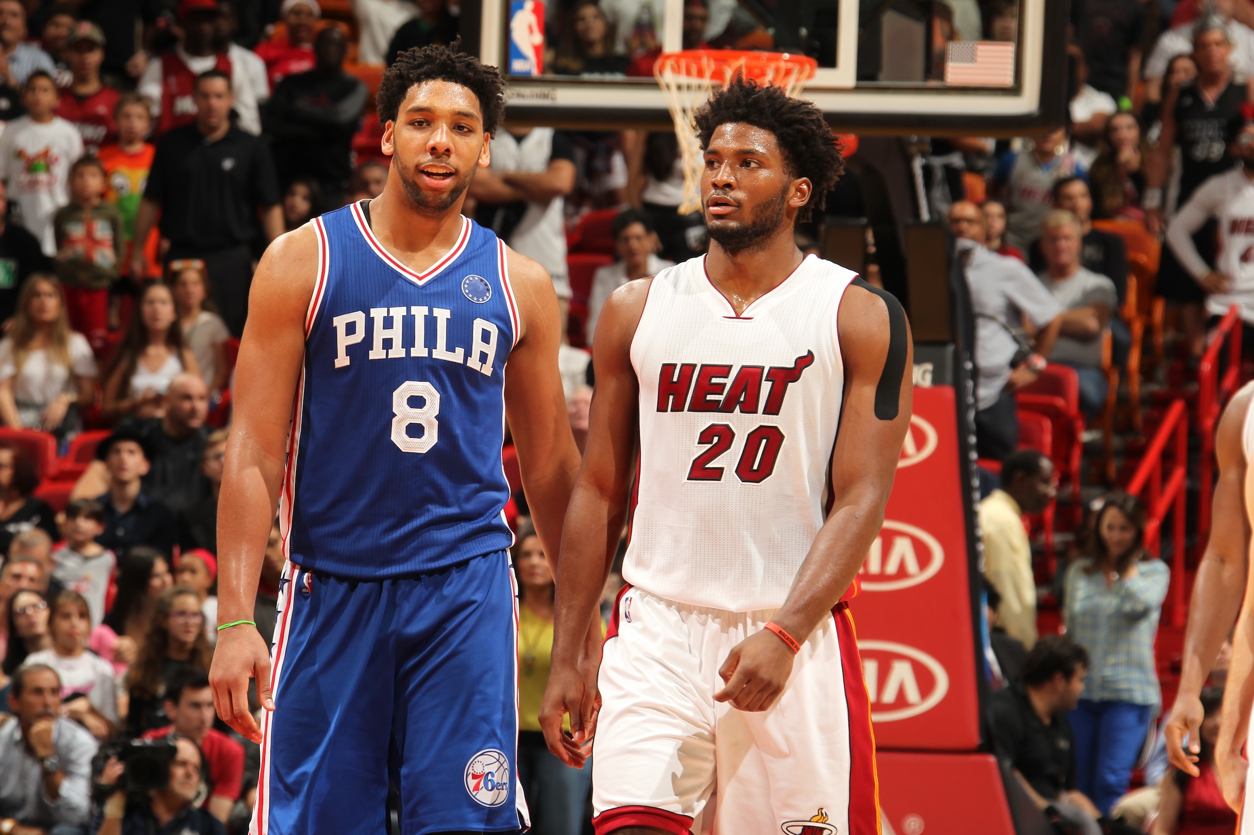 MIAMI, FL - NOVEMBER 21:  Jahlil Okafor #8 of the Philadelphia 76ers and Justise Winslow #20 of the Miami Heat during the game on November 21, 2015 at AmericanAirlines Arena in Miami, Florida. NOTE TO USER: User expressly acknowledges and agrees that, by downloading and or using this Photograph, user is consenting to the terms and conditions of the Getty Images License Agreement. Mandatory Copyright Notice: Copyright 2015 NBAE (Photo by Issac Baldizon/NBAE via Getty Images)
